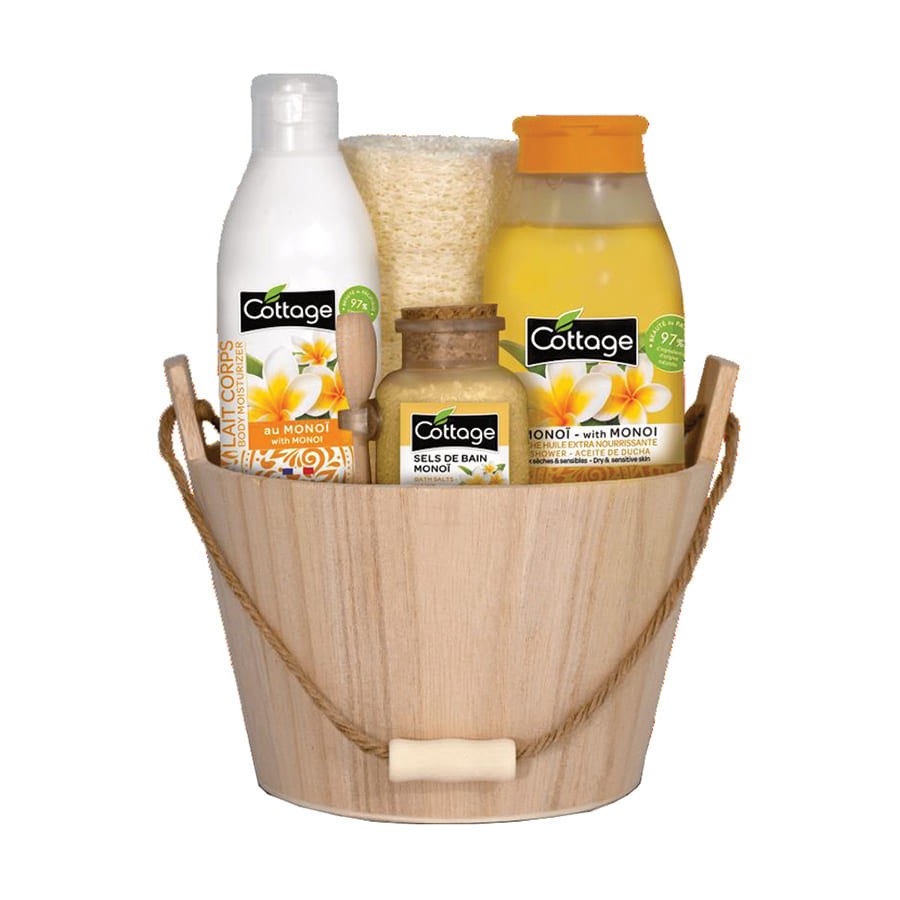 Pachet Monoi Ulei de dus, 250 ml + Lapte de corp, 200 ml + Sare de baie, 140 g + Burete natural exfolioant, Cottage