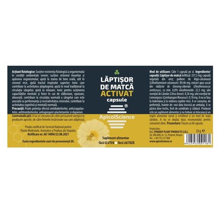 Laptisor de matca Activat, 60 capsule, ApicolScience 704526