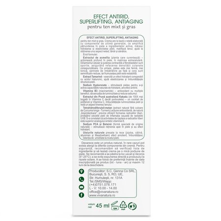 Crema antirid superlifting pentru ten mixt si gras, 45 ml, Vivanatura 710113