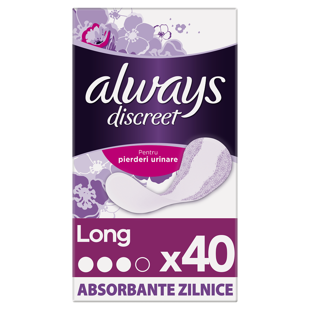 Absorbante zilnice pentru incontinenta urinara Always Discreet Long, 40 bucati, P&G