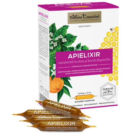 Apielixir rezistenta la stres si buna dispozitie, 10 fiole x 10 ml, Albina Carpatina