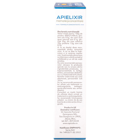 Memorie si concentrare Apielixir, 10 fiole x 10 ml, Albina Carpatina 723154