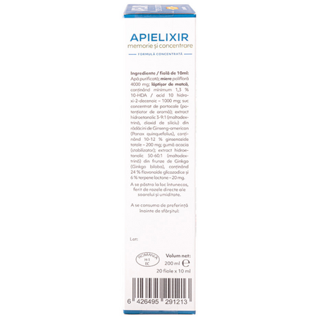 Memorie si concentrare Apielixir, 20 fiole x 10 ml, Albina Carpatina 723141