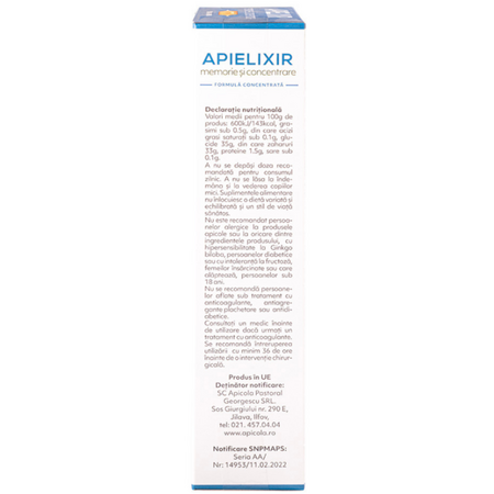 Memorie si concentrare Apielixir, 20 fiole x 10 ml, Albina Carpatina 723140