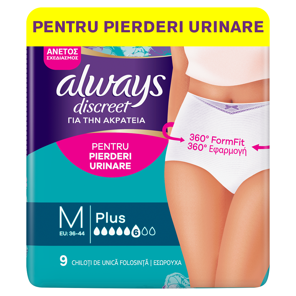 Chiloti pentru incontinenta urinara Always Discreet Plus, 6 picaturi, Marimea M, 9 bucati, P&G