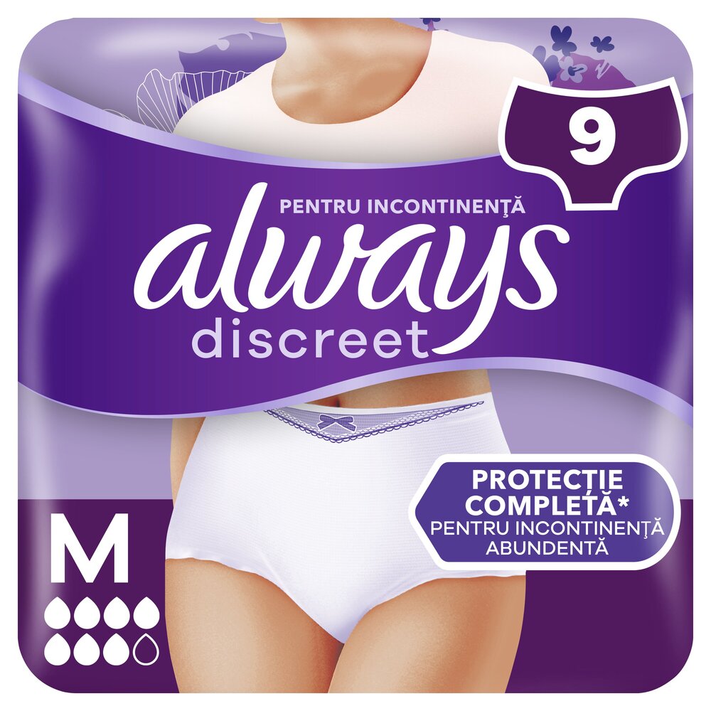 Chiloti pentru incontinenta urinara Discreet Plus, 6 picaturi, Marimea M, 9 bucati, Always