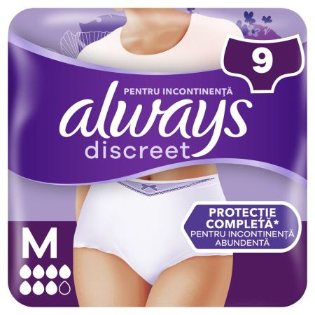 Chiloti pentru incontinenta urinara Discreet Plus, 6 picaturi, Marimea M, 9 bucati, Always