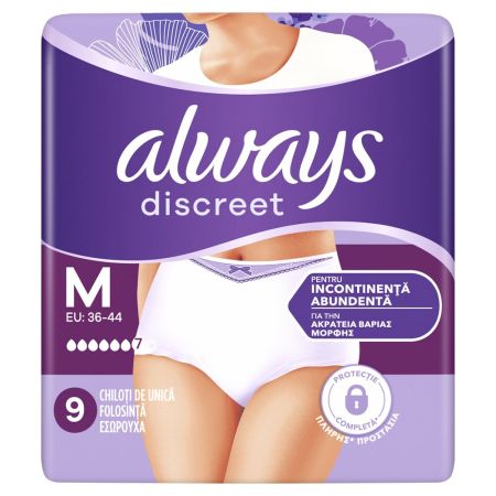 Chiloti pentru incontinenta urinara Discreet Plus, 6 picaturi, Marimea M, 9 bucati, Always 697052