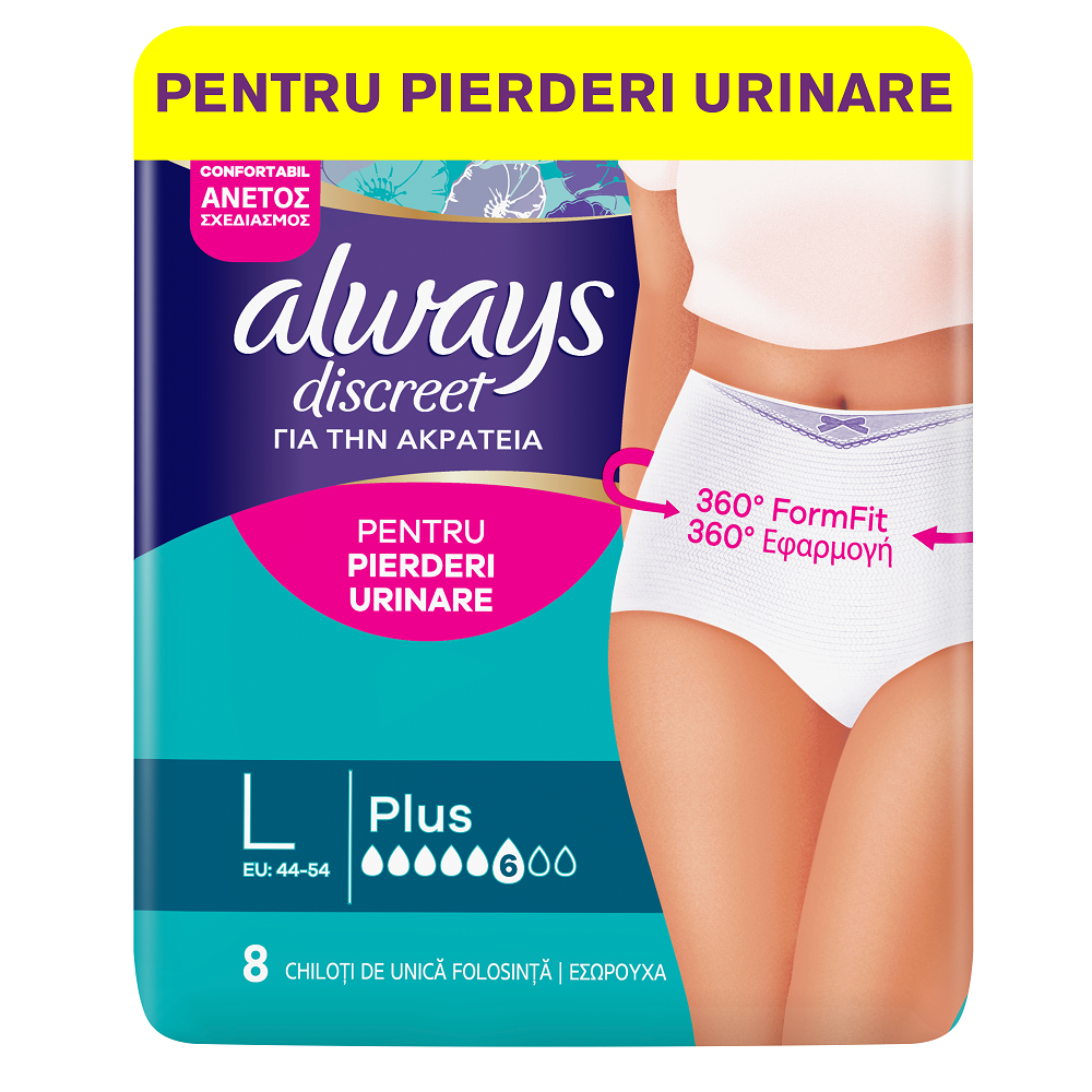 Chiloti pentru incontinenta urinara Always Discreet Plus, 6 picaturi, Marimea L, 8 bucati, P&G