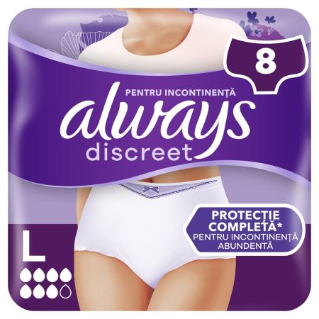 Chiloti pentru incontinenta urinara Discreet Plus, 6 picaturi, Marimea L, 8 bucati, Always