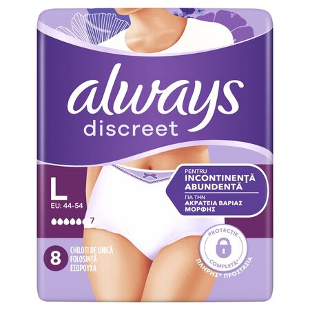 Chiloti pentru incontinenta urinara Discreet Plus, 6 picaturi, Marimea L, 8 bucati, Always 697058