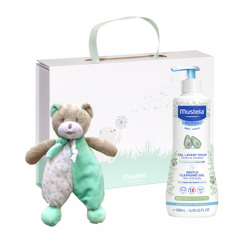 Pachet Gel de curatare delicat pentru par si corp, 500 ml + Urs verde, Mustela