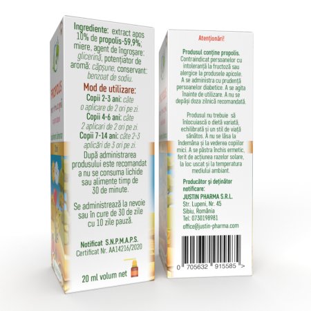 Propolis cu gust de capsune pntru copii, 20 ml, Justin Pharma 720042