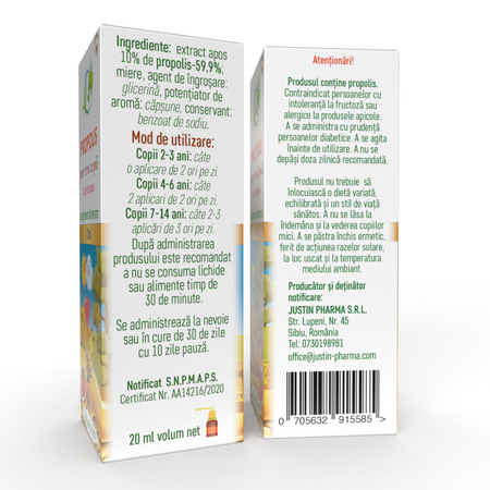 Propolis cu gust de capsune pntru copii, 20 ml, Justin Pharma 720042