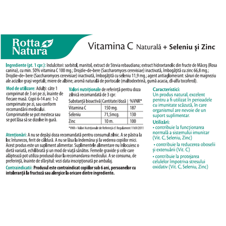 Vitamina C Naturala + Seleniu si Zinc, 30 comprimate, Rotta Natura 598184