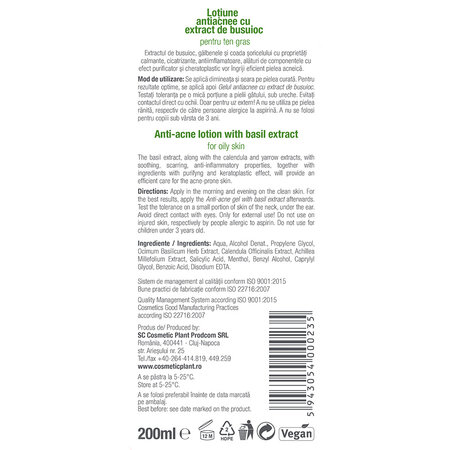 Lotiune antiacnee cu extract de busuioc, 200 ml, Cosmetic Plant 712307