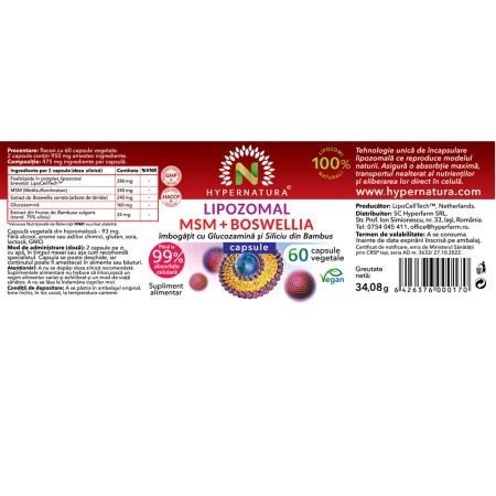 Lipozomal MSM + Boswellia, 60 capsule vegetale, Hypernatura 703878