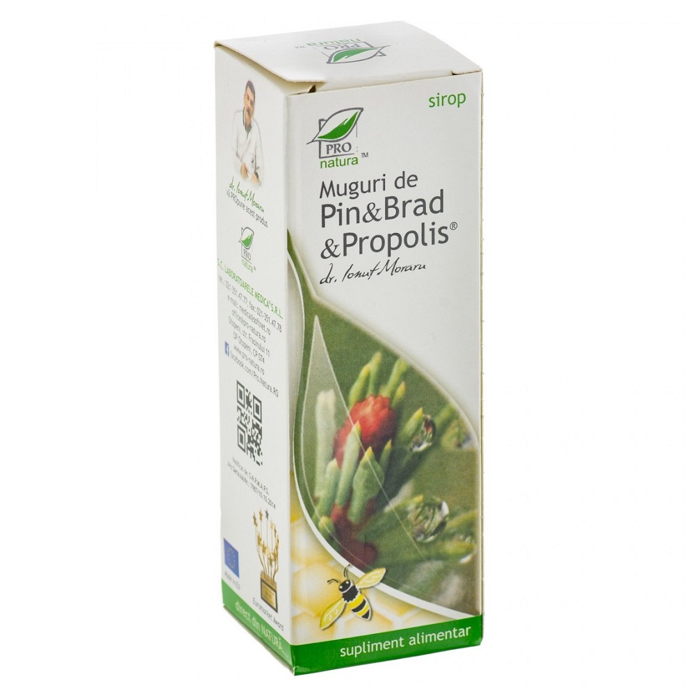 Sirop din muguri de pin, brad si propolis cu zahar, 100 ml, Pro Natura