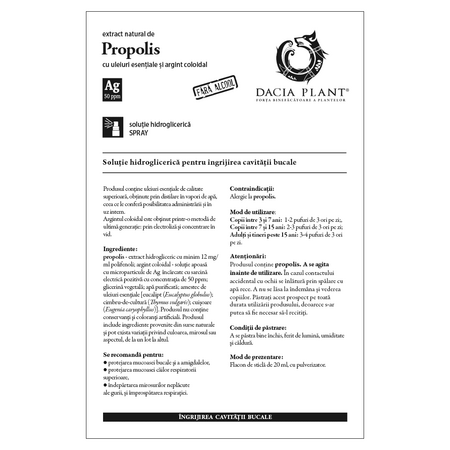 Spray cu extract natural de propolis cu argint coloidal, 20 ml, Dacia Plant 593180