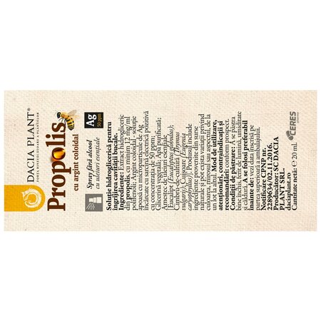 Spray cu extract natural de propolis cu argint coloidal, 20 ml, Dacia Plant 746123