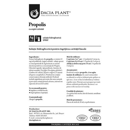 Spray cu extract natural de propolis cu argint coloidal, 20 ml, Dacia Plant 746124