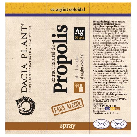 Spray cu extract natural de propolis cu argint coloidal, 20 ml, Dacia Plant 593178