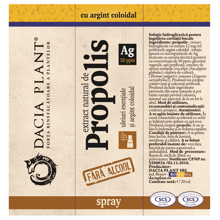 Spray cu extract natural de propolis cu argint coloidal, 20 ml, Dacia Plant 593178