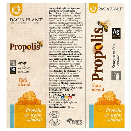 Spray cu extract natural de propolis cu argint coloidal, 20 ml, Dacia Plant 746122
