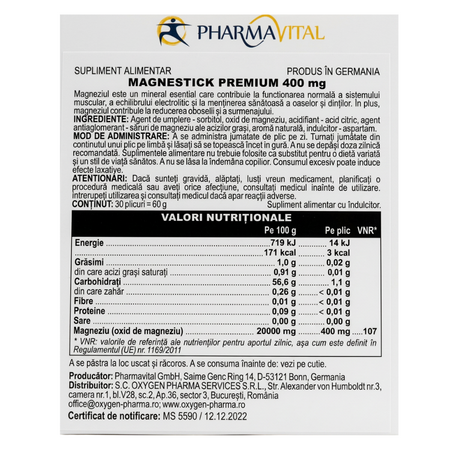 Magnestick Premium, 400 mg, 30 plicuri, PharmaVital 721293