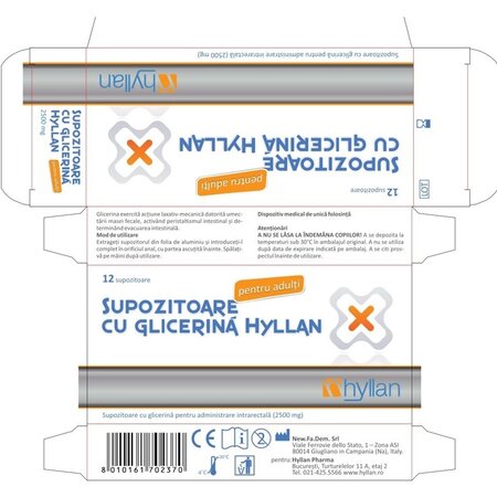 Supozitoare cu glicerina pentru adulti, 2500 mg, 12 bucati, Hyllan 702041