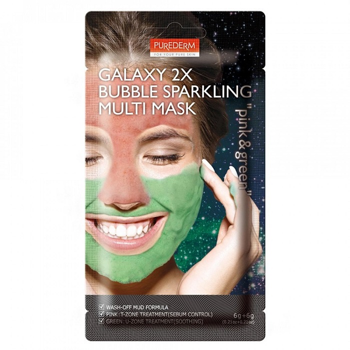 Masca pentru fata Galaxy 2x Bubble Sparkling Multi Mask Pink & Green, 6 g + 6 g, Purederm