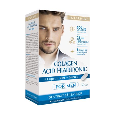 Colagen si acid hialuronic cu vitamine si minerale pentru barbati, 500 mg, 30 comprimate, Interherb