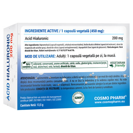 Acid Hialuronic, 200 mg, 30 capsule vegetale, Cosmo Pharm 753705