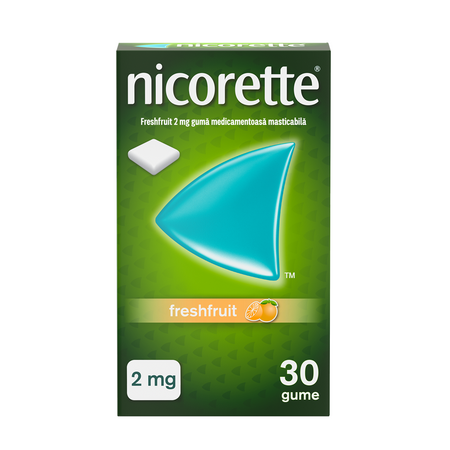 Guma medicamentoasa cu nicotina si aroma de portocale, 2 mg, 30 bucati, Nicorette