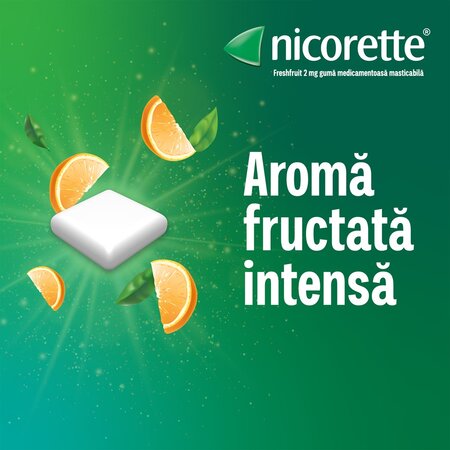 Guma medicamentoasa cu nicotina si aroma de portocale, 2 mg, 30 bucati, Nicorette 723875