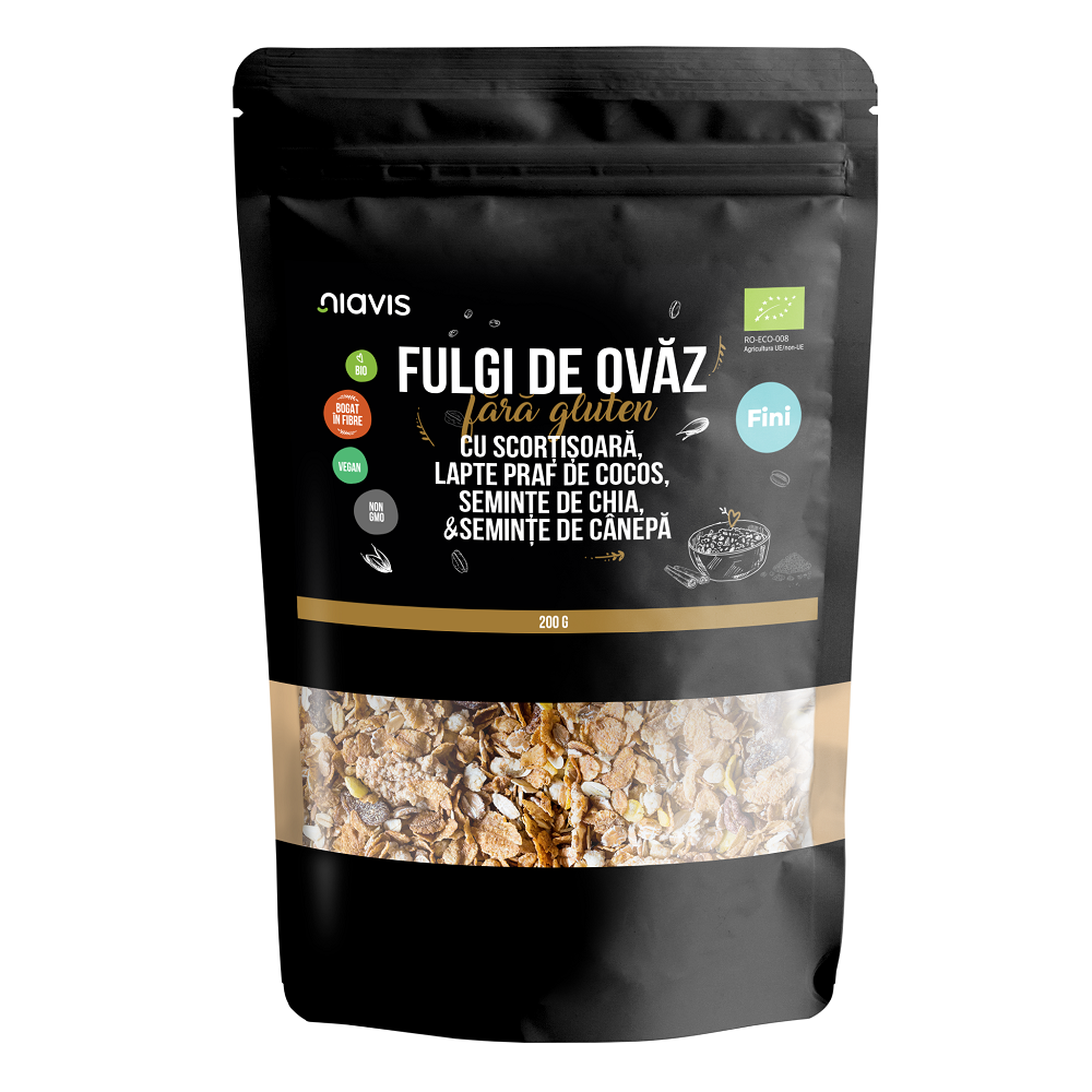 Fulgi de ovaz fini fara gluten cu scortisoara, lapte praf de cocos, seminte de chia si seminte de canepa eco, 200 g, Niavis