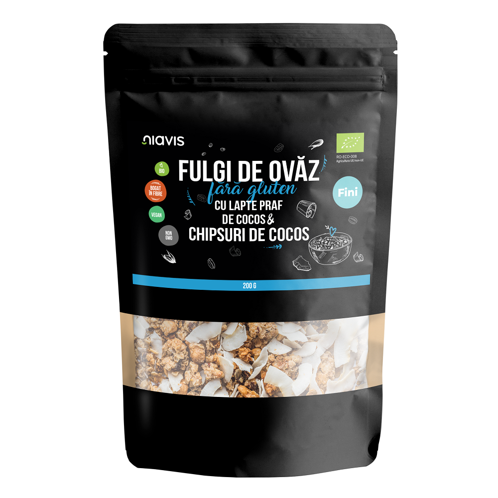 Fulgi de ovaz fini fara gluten cu lapte praf de cocos si chipsuri de cocos eco, 200 g, Niavis