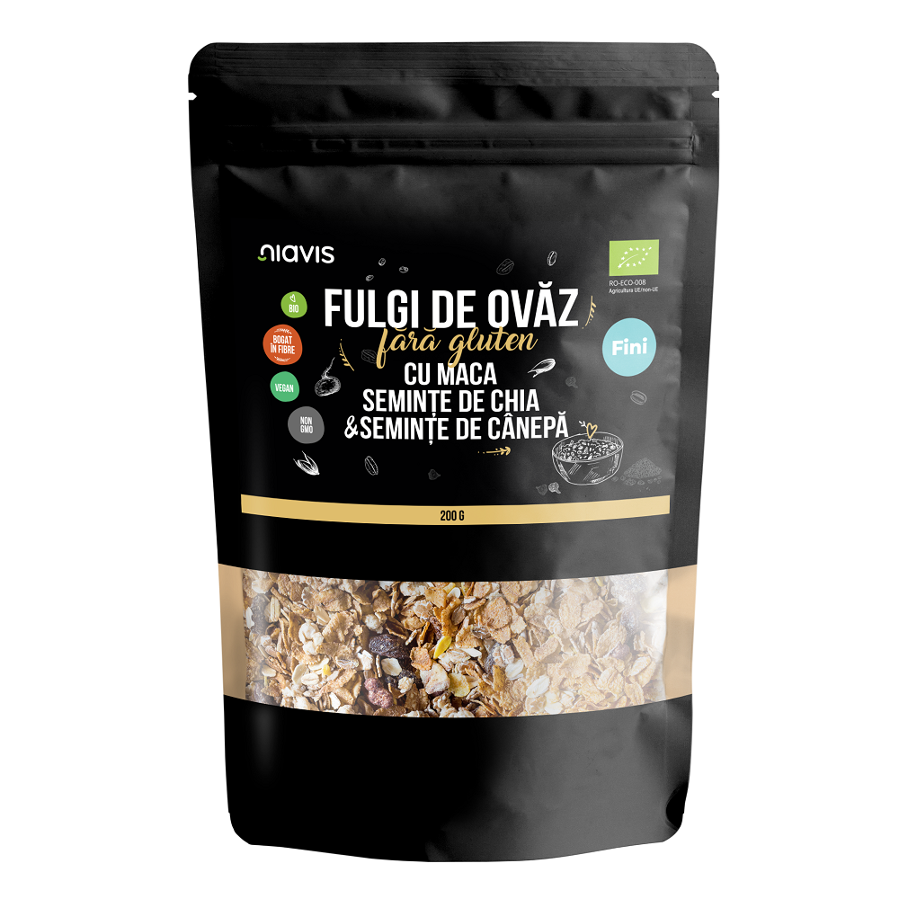 Fulgi de ovaz fini fara gluten cu maca, seminte de chia si seminte de canepa eco, 200 g, Niavis