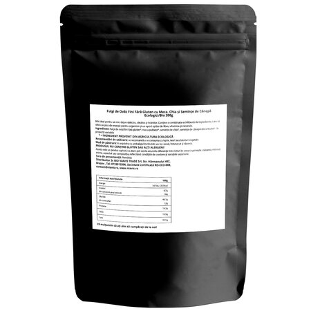 Fulgi de ovaz fini fara gluten cu maca, seminte de chia si seminte de canepa eco, 200 g, Niavis 601540