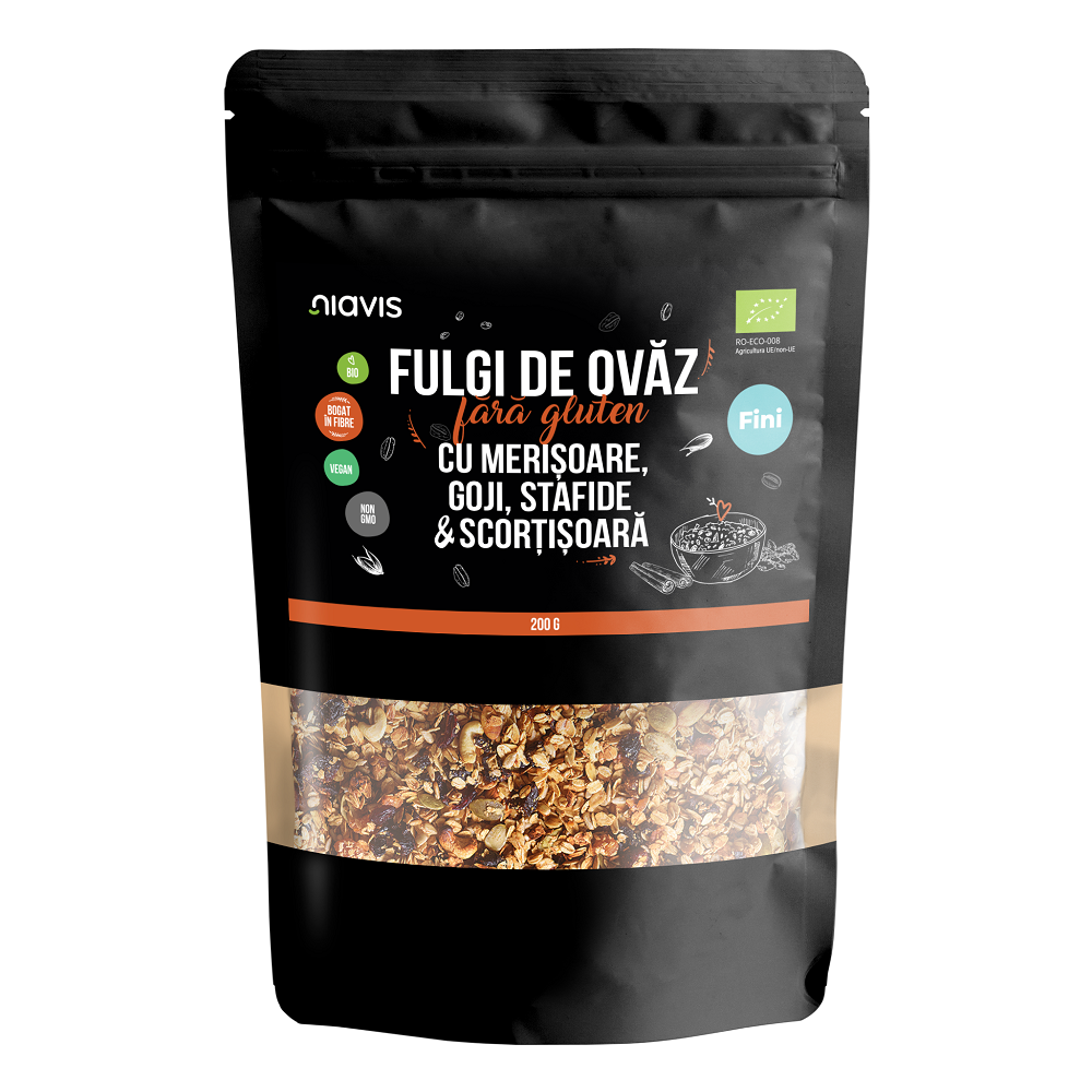 Fulgi de ovaz fini fara gluten cu merisoare, goji, stafide si scortisoara eco, 200 g, Niavis