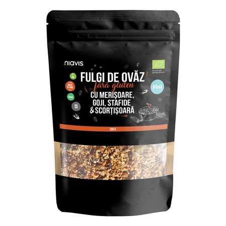Fulgi de ovaz fini fara gluten cu merisoare, goji, stafide si scortisoara eco, 200 g, Niavis