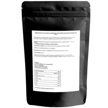 Fulgi de ovaz fini fara gluten cu merisoare, goji, stafide si scortisoara eco, 200 g, Niavis 601541