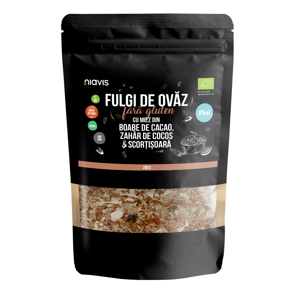 Fulgi de ovaz fini fara gluten cu miez din boabe de cacao, zahar de cocos si scortisoara eco, 200 g, Niavis