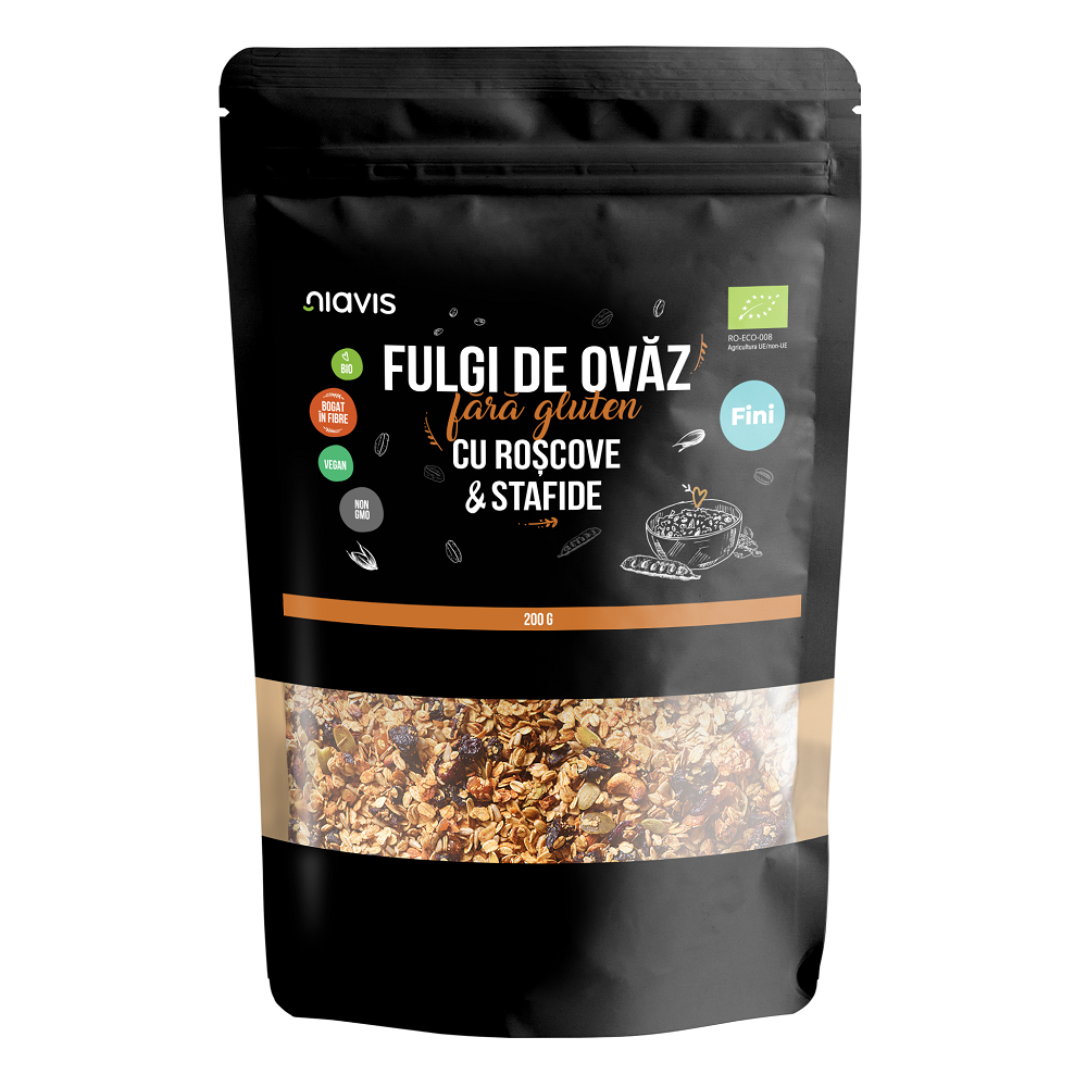 Fulgi de ovaz fini fara gluten cu roscove si stafide eco, 200 g, Niavis