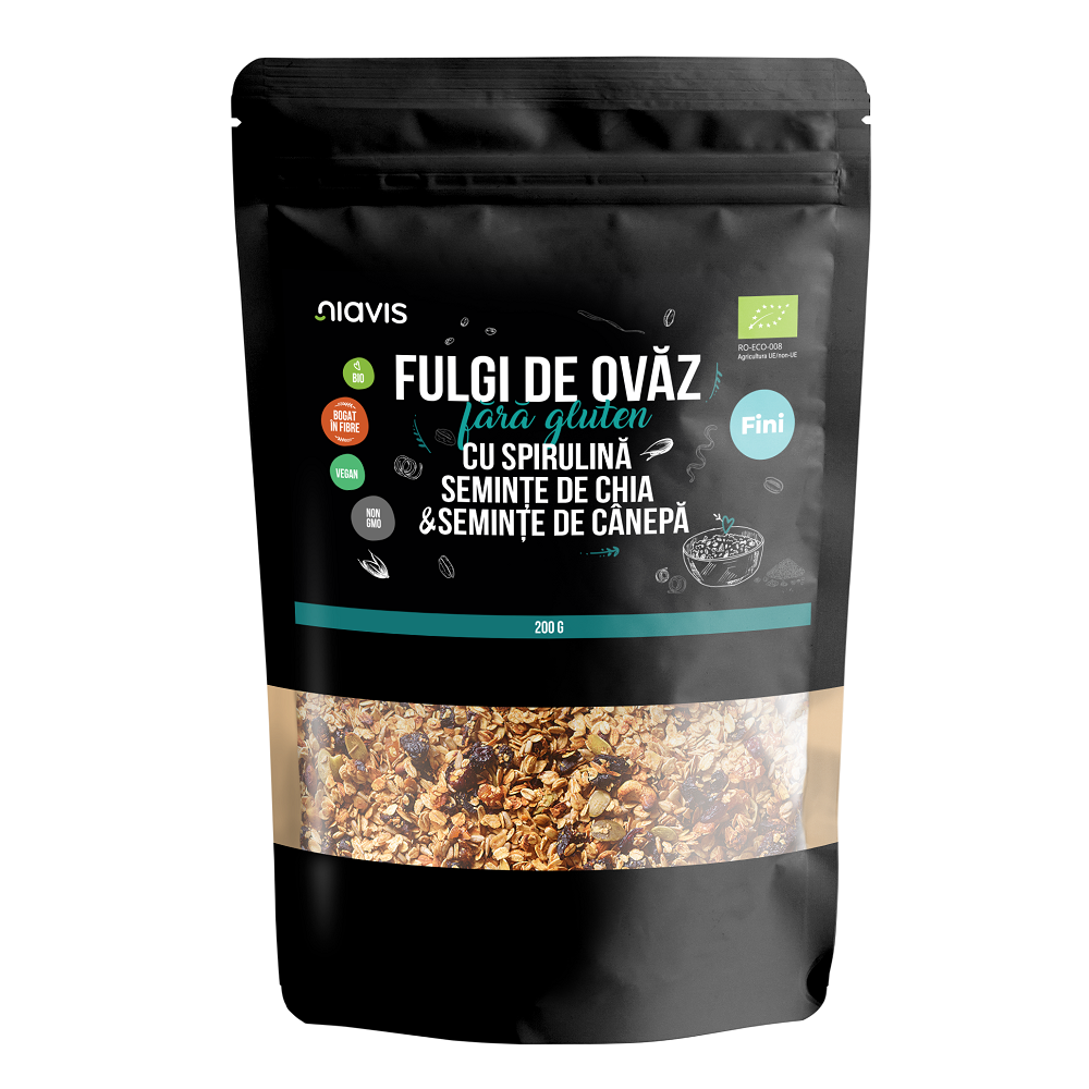 Fulgi de ovaz fini fara gluten cu spirulina, chia si seminte de canepa eco, 200 g, Niavis