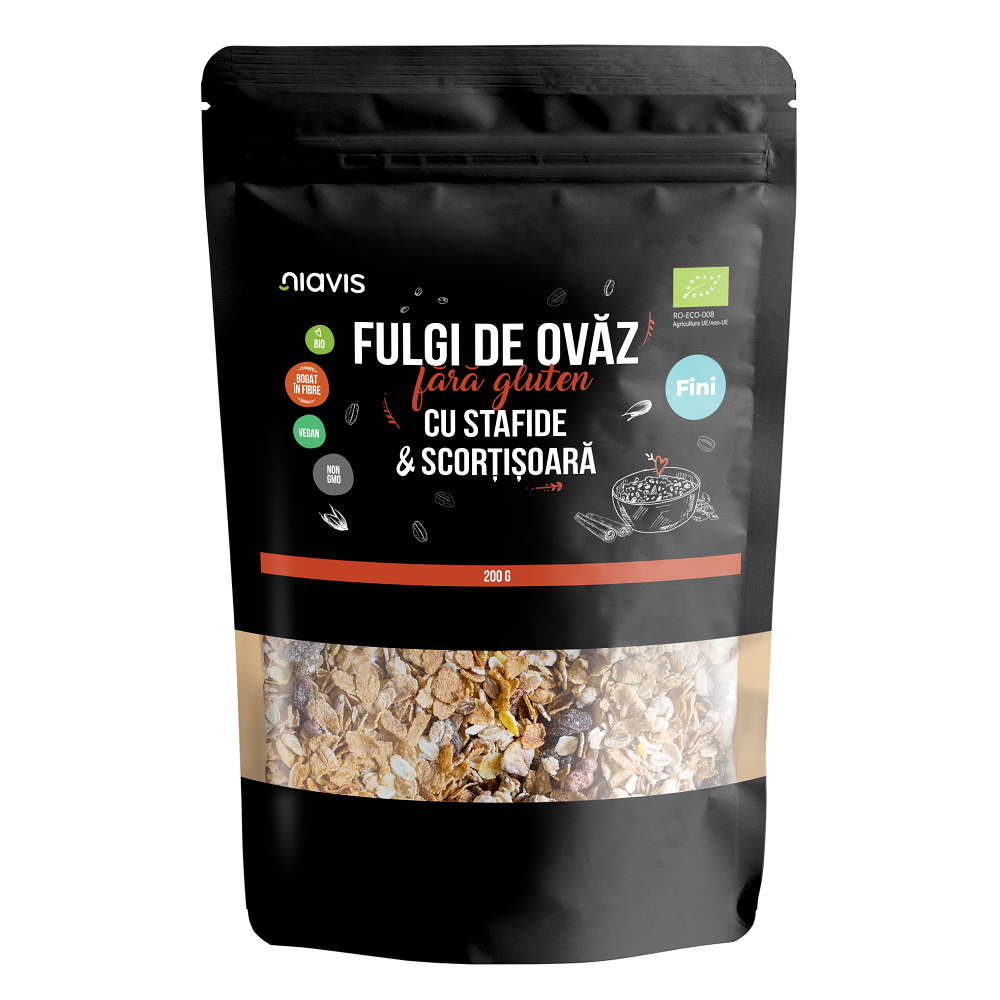 Fulgi de ovaz fini fara gluten cu stafide si scortisoara eco, 200 g, Niavis