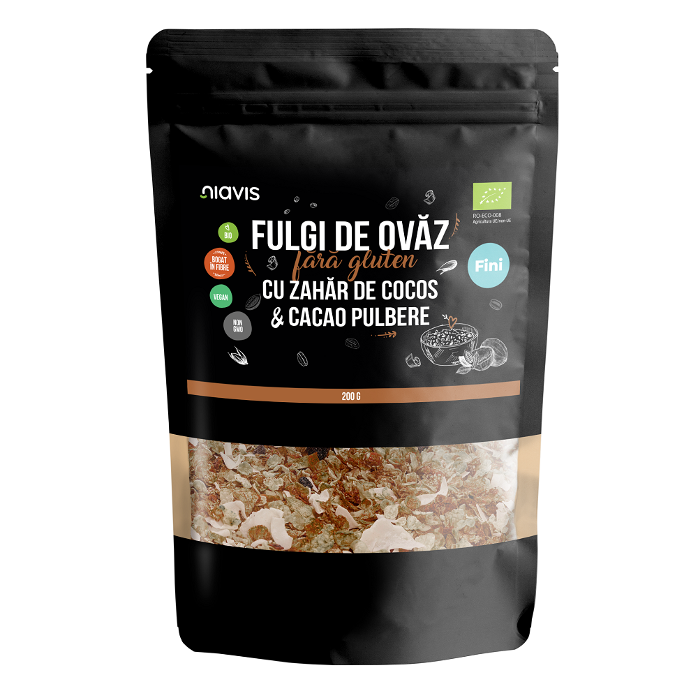 Fulgi de ovaz fini fara gluten cu zahar de cocos si cacao eco, 200 g, Niavis