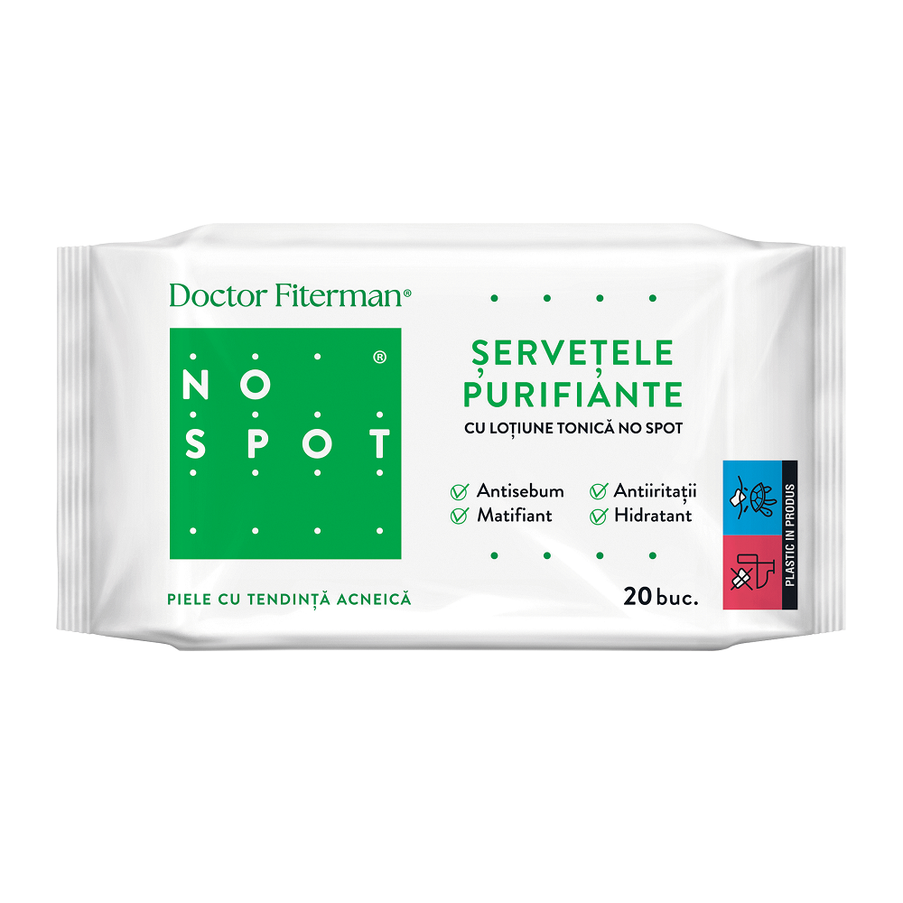 Servetele purifiante cu lotiune tonica No Spot, 20 bucati, Doctor Fiterman