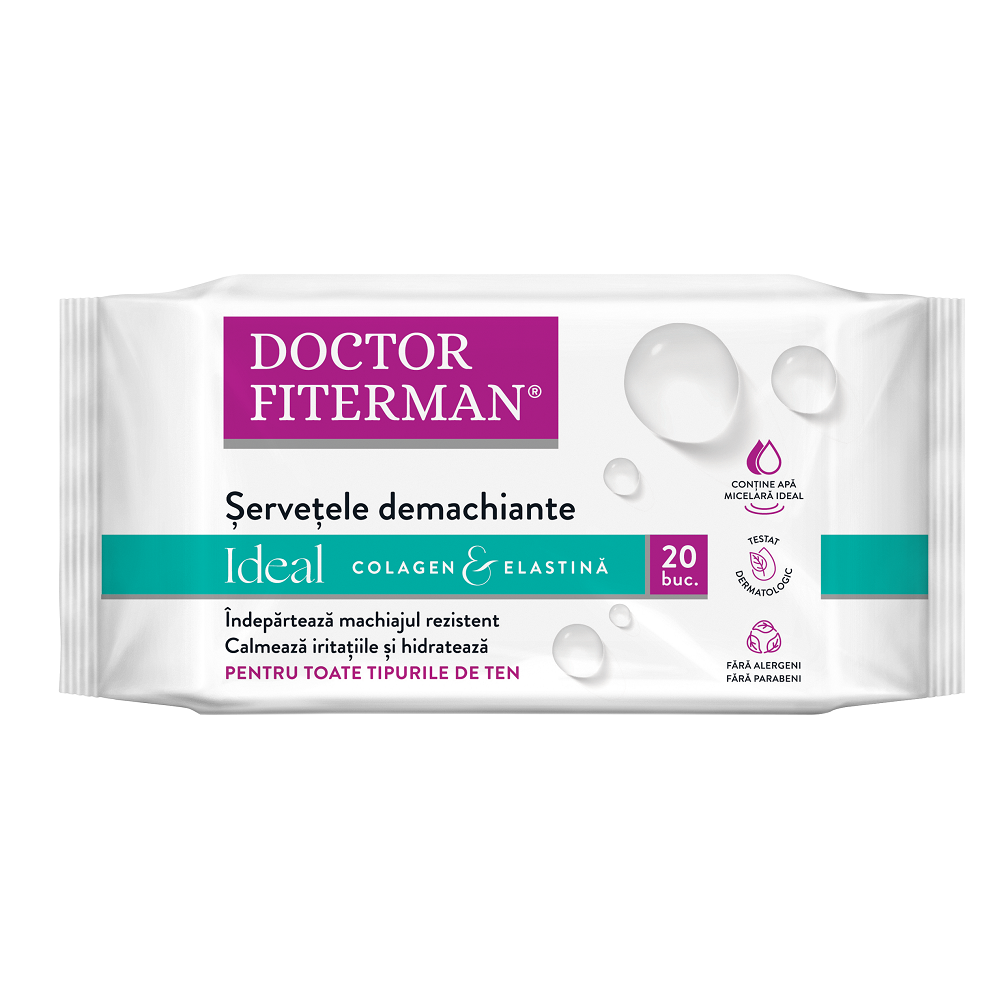 Servetele demachiante cu colagen si elastina Ideal, 20 bucati, Doctor Fiterman