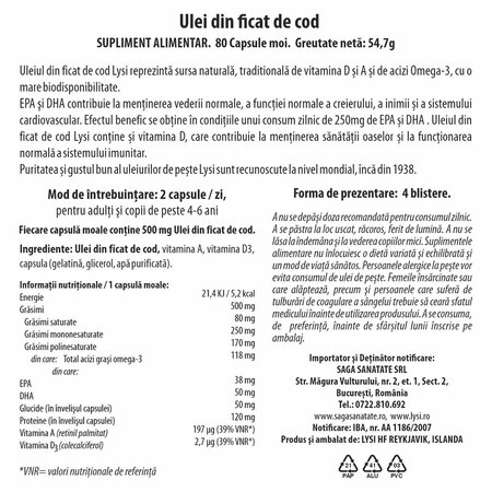 Ulei din ficat de cod Omega 3 cu vitamina D si A, 80 capsule moi, Lysi 703670